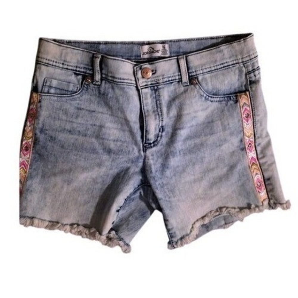 Jordache Womens Light Wash Denim Shorts Embroidered Side Trim Frayed Hem Size 16